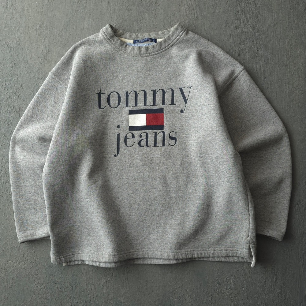 Vintage 90s Tommy Jeans Grey Sweatshirt Large Logo Pullover